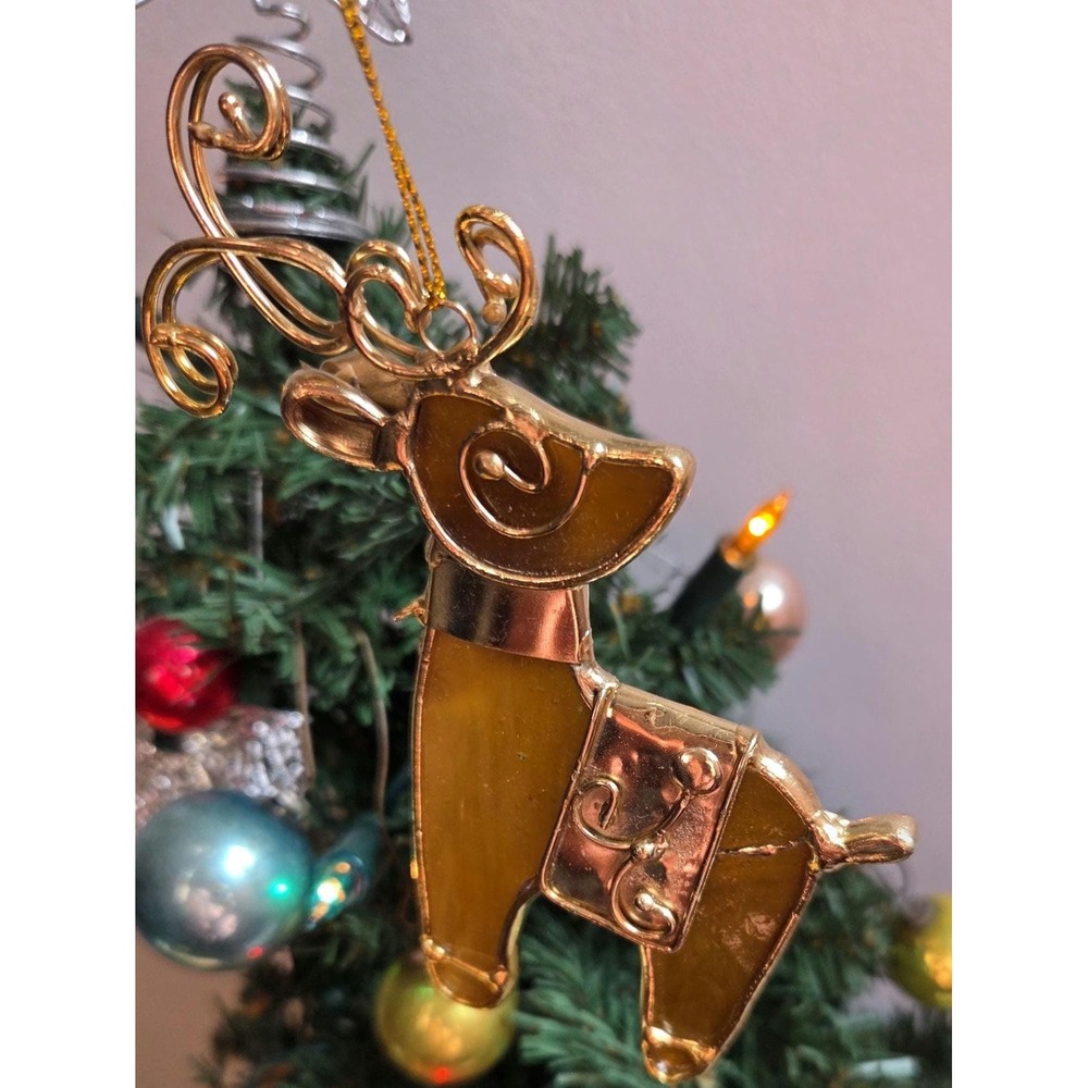 Vintage Gold Reindeer Christmas Ornament Amber Stained Glass Style Bell